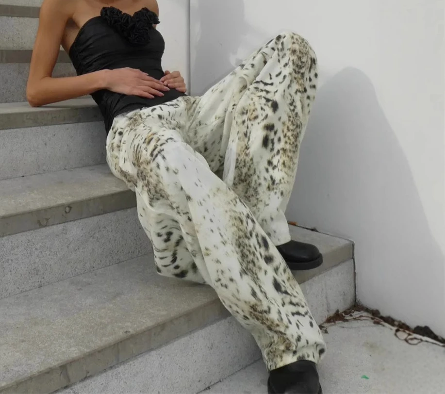 American-style retro water-rubbed leopard print jeans - women's street wide-leg floor-length pants, loose and casual pants