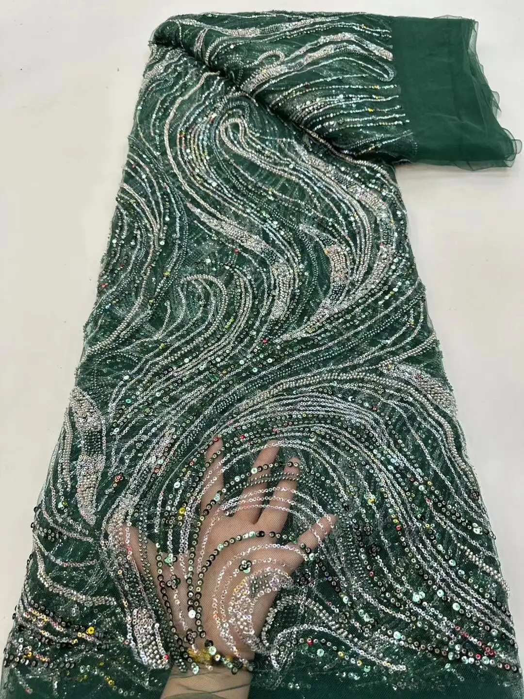 

Africa Sequence L-1302935 Tulle French Lace Fabric High Quality Nigerian Party beads Lace Fabric Tulle Lace For Wedding
