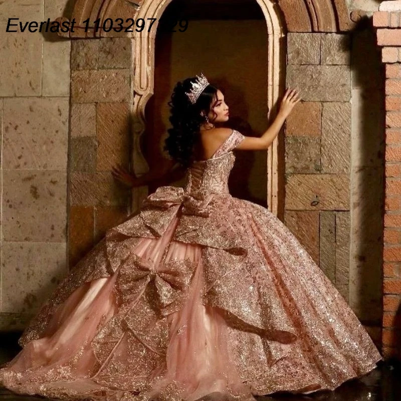 Evlast Glanzend Blush Roze Quinceanera Jurk Baljurk Pailletten Met Strik Korset Sweet 16 Vestido De 15 Anos Tqd498