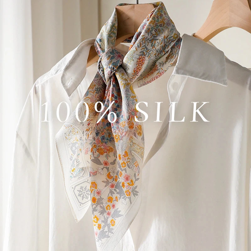 

2026 Bohemian pure silk print head scarf woman Korean fashion elegant leaves printed hijabs for woman summer accessory