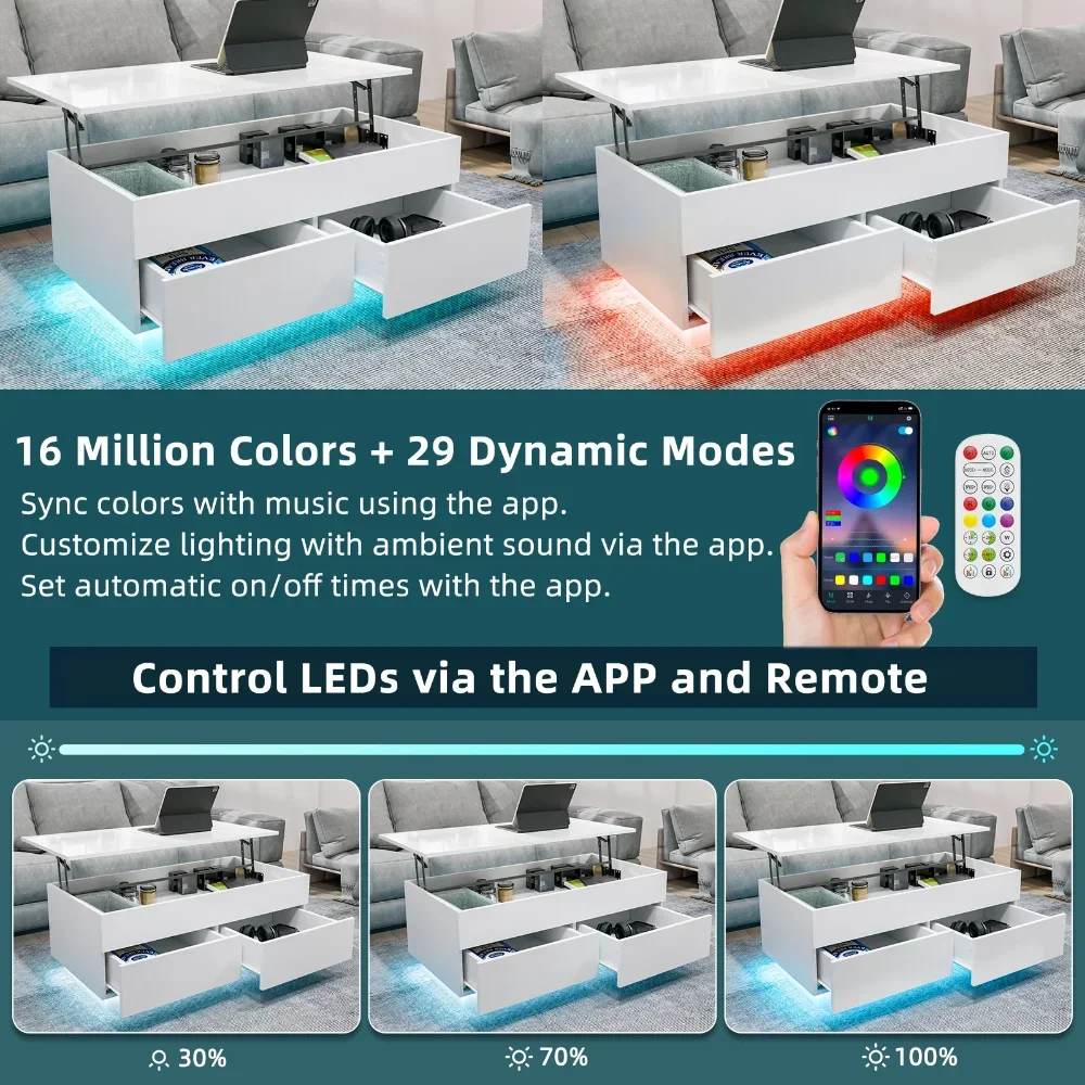 LED Lift Top Coffee Table with Storage Modern Coffee Tables for Living Room Rectangle High Gloss Center Table with 2 Drawers