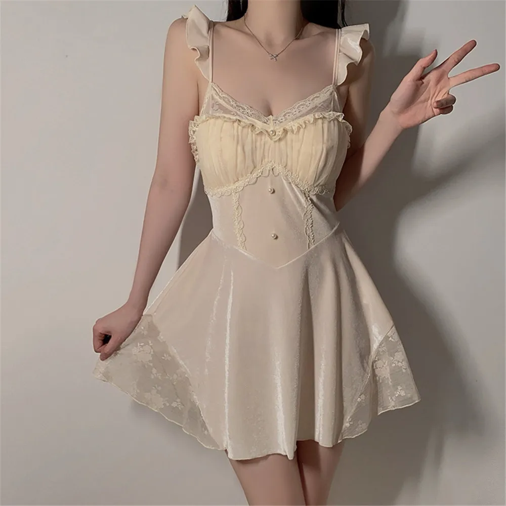 

Сексуальная бархатная ночная рубашка с кружевной отделкой, женская велюровая ночная рубашка, домашнее платье, домашняя одежда