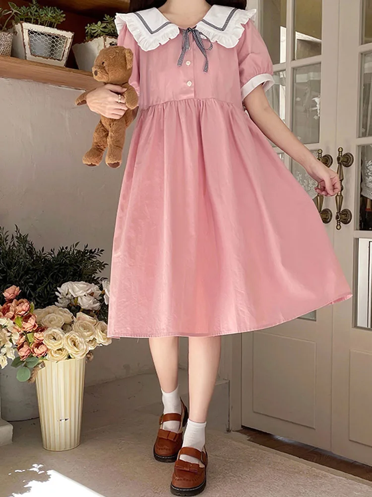 

KIMOKOKM Japanese Summer New Kawaii Peter Pan Collar Ruffles Bow Loli Dress Sweet Soft Girl Puff Sleeve Cute Preppy Style Dress