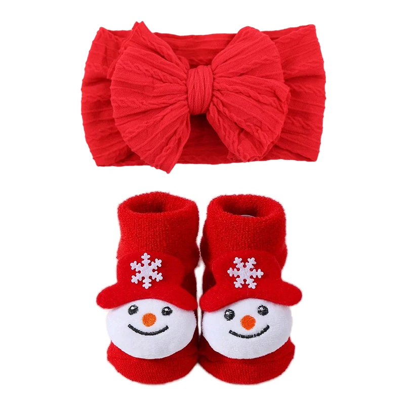 Gift Christmas Nylon Red Bow Headband Baby Infant Warm Socks Newborn Baby Girl Socks Headband Set Children Hair Accessories 0-1T