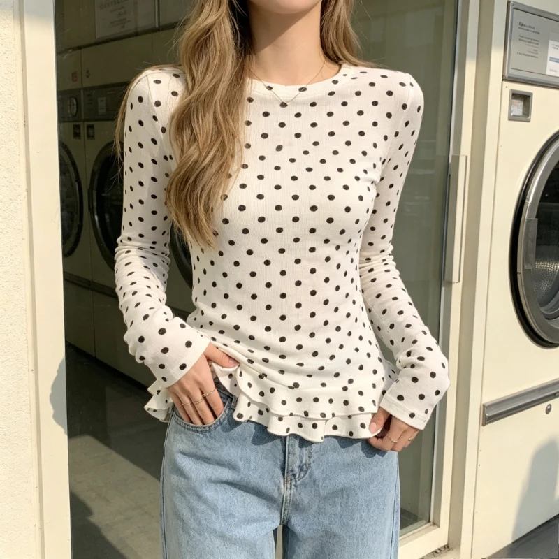 Spring Autumn Women Korean Chic Sweet O‑Neck Polka‑Dot Print Long‑Sleeve T‑Shirt Slim‑Fit Ruffle‑Edge Casual Fashion Ladies Tops
