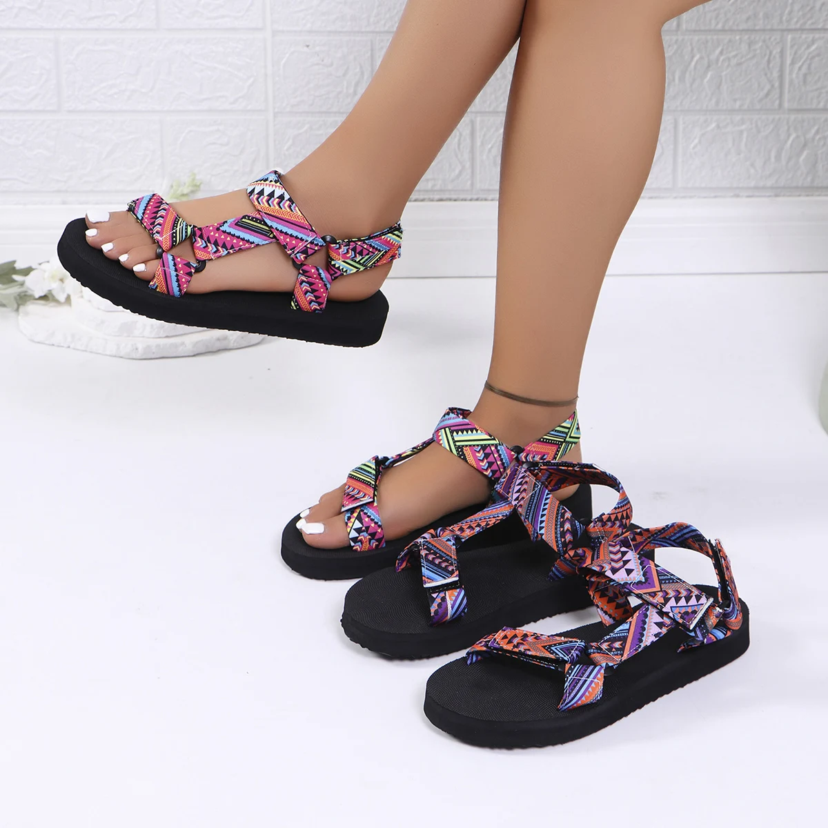 New Summer Women Lightweight Bohemian Flat Sandals Fashion Mixed color stamp Outdoor Casual Slippers Large Size Beach Sandals