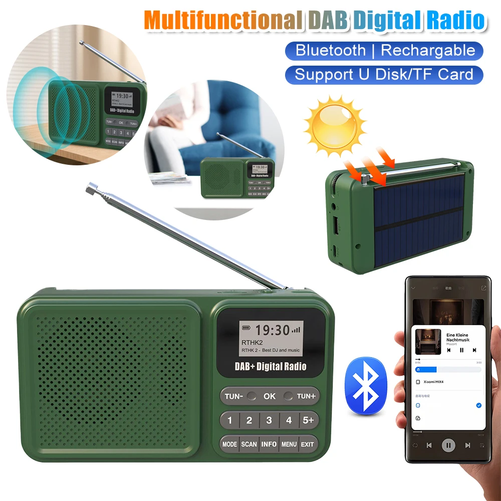 

Портативное цифровое радио DAB+ с солнечной зарядкой, Bluetooth 5.0, беспроводной динамик, перезаряжаемый, с ЖК-дисплеем, аварийное радио