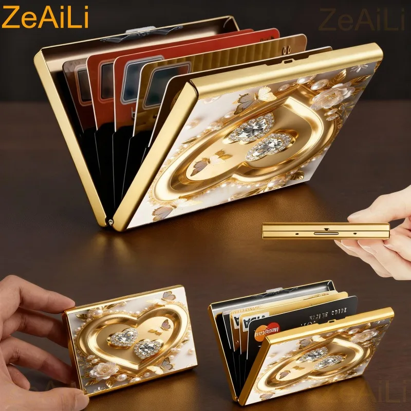 Image of Exquisite Heart Premium Anti-Scan RFID Aluminium Metall Kreditkartenetui Blocking Wallet Case Visitenkartenschutz Halten