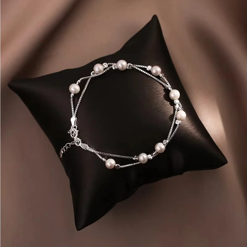 925 Pure Silver Natural Pearl Double Layer Bracelet for Women Korean Style Versatile Ins High-End Layered Round Bead Jewelry