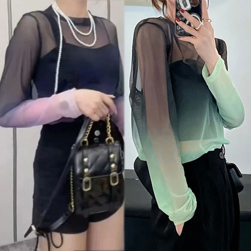 Women Summer Sexy See Through Mesh T-Shirt Punk Gradient Contrast Color Long Sleeve Blouse Round Neck Cover Up Loose Pullover