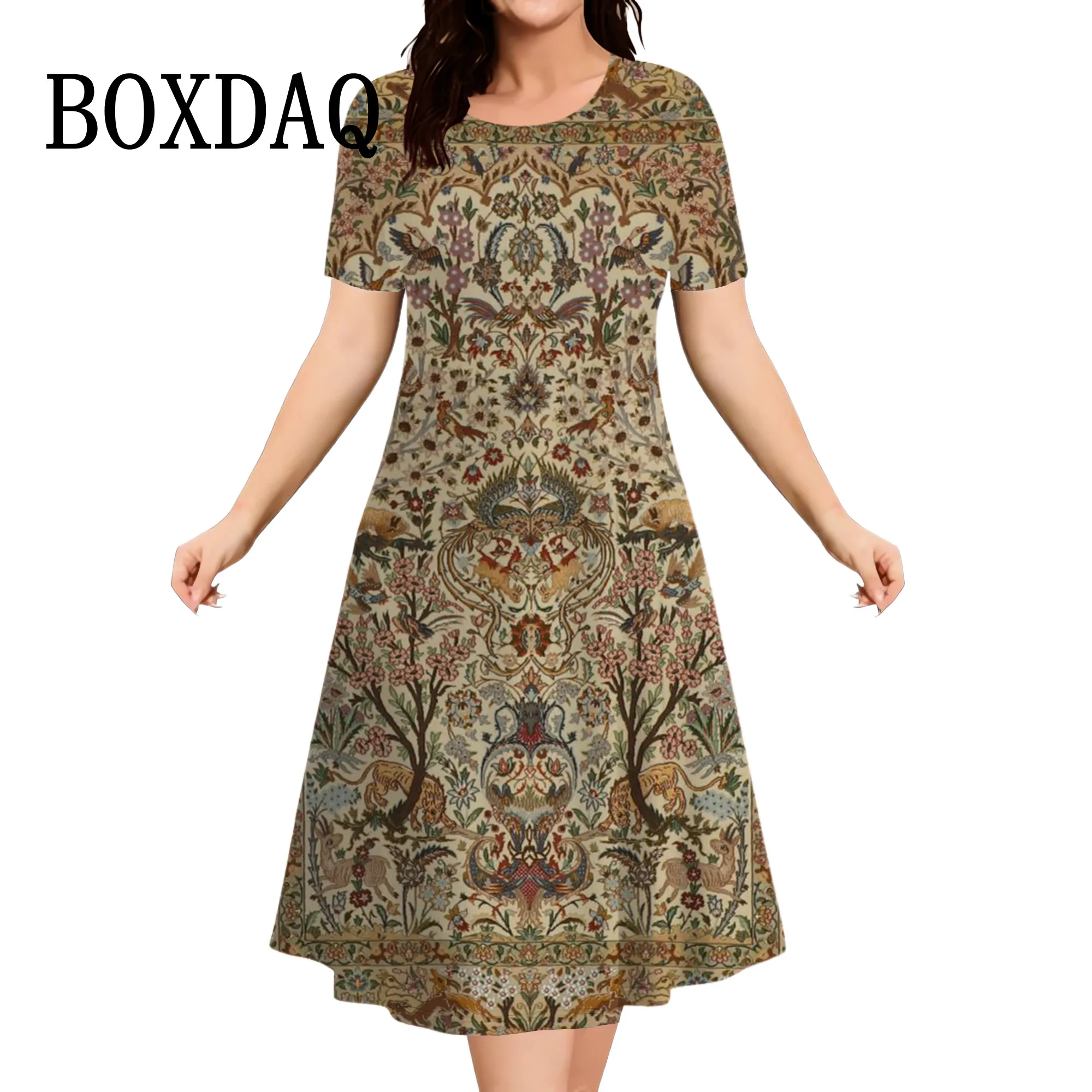 Dresses For Women Summer Ethnic Style Short Sleeve O-Neck Women Dress Fashion Print Dress Casual Retro Loose Plus Size Clothing