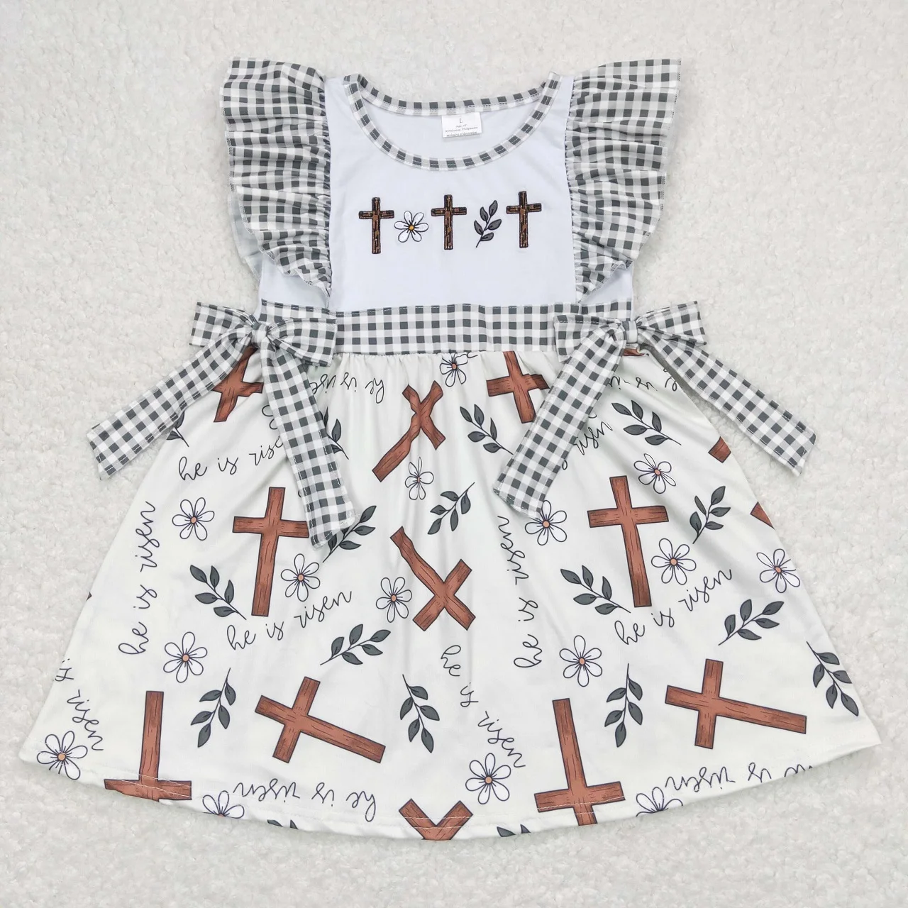 

Wholesale Children Infant Baby Girl Toddler Plaid Short Sleeves Embroidered Crosses Dress Kids Easter Floral One Piece