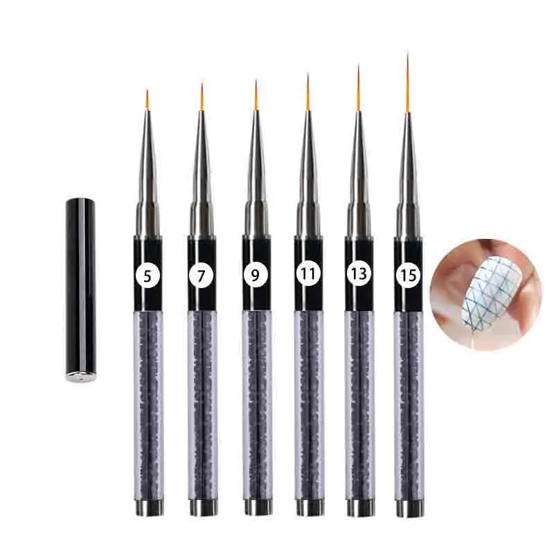 6PCS/Lot Top Nail Drawing Pen Liner Art Design Brush Colors UV Gel Metal Penholder Crystal Acrylic Thin Liner Painting Manicure