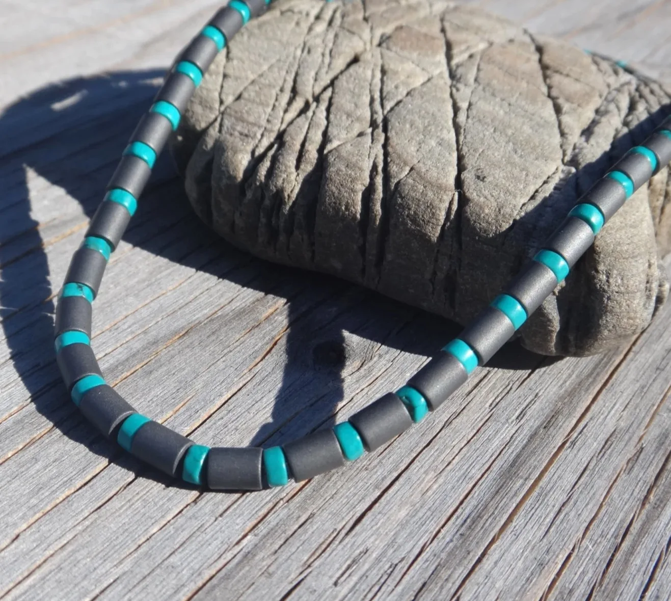 Heishi Turquoise Men Necklace with Hematite  Men Gemstones Necklace  Stone Necklace Onyx Mens Necklace