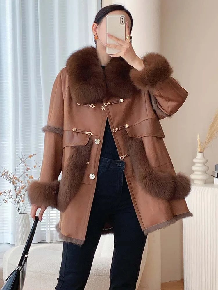 Fashion Winter Women's Fur Jacket Warm Real Sheepskin Coat Female Fox Fur Collar Coats Casual Womens Clothes