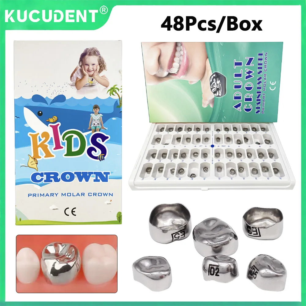 

48 шт. детские стоматологические коронки для первичных моляров, предварительно сформированный временный комплект из нержавеющей стали, подходит для детей, верхние/нижние левые/правые зубы