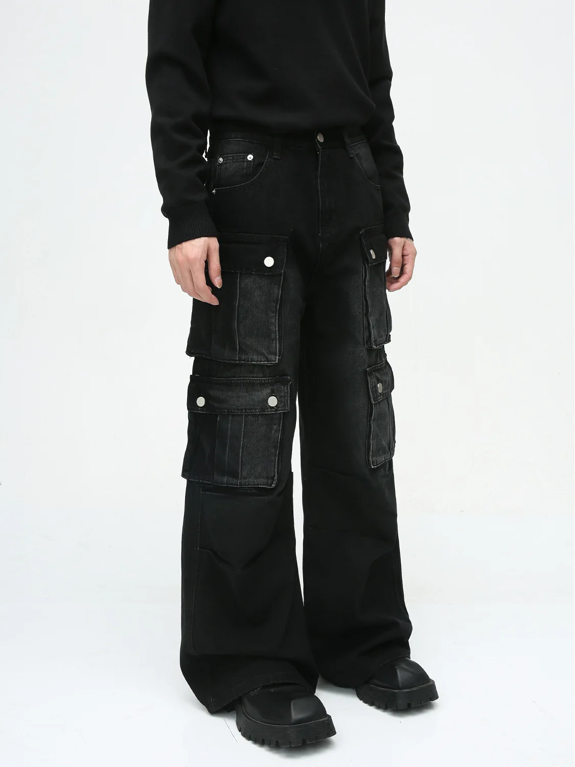 New Autumnal Vintage Multi-ket Design Workwear Wide-Leg Jeans for Men Visual Subculture Faion Small  Jeans