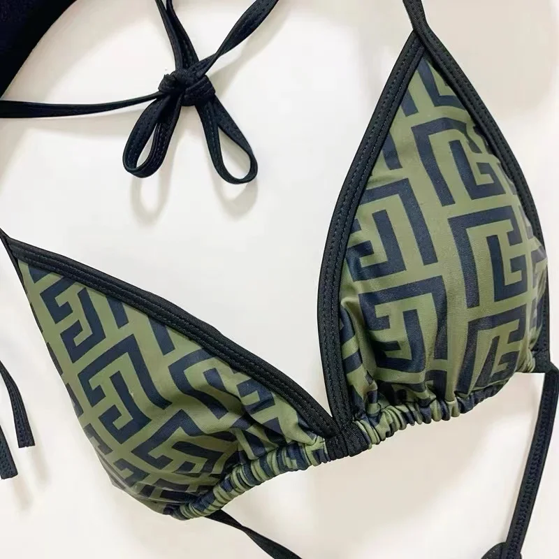 Lace-up Fashion Bikinis Sets Women Geometric Printed Bra Thong Sexy 2 Piece Swimsuits Solid Beach Style One-piece Bathing Suits