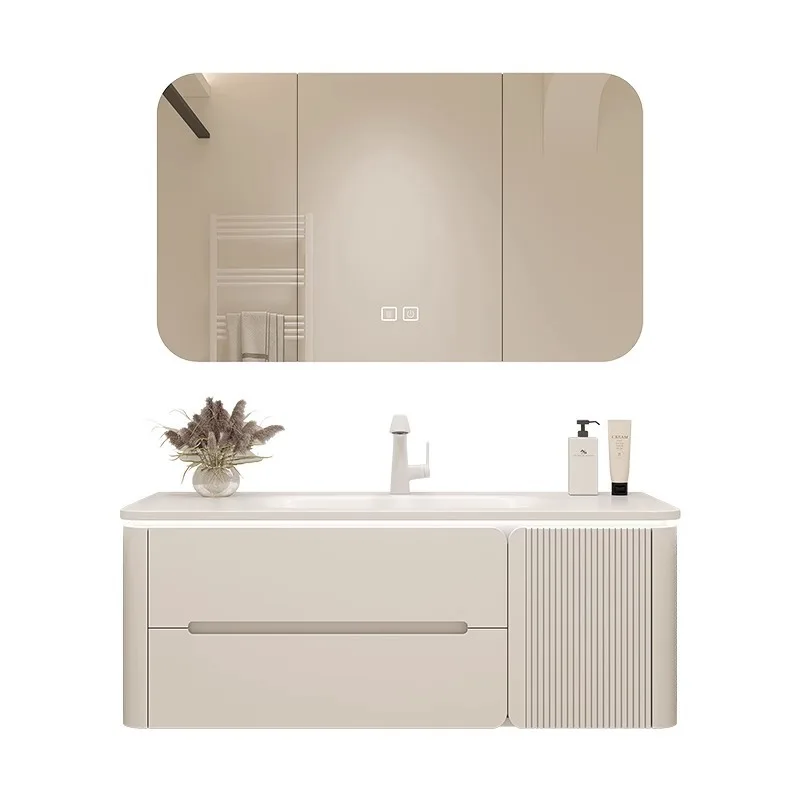 Cream Vanity Ceramic One-Piece Basin DuPont Oak Bathroom Cabinet Combo Hand Wash Face Sink Lavatory Furniture