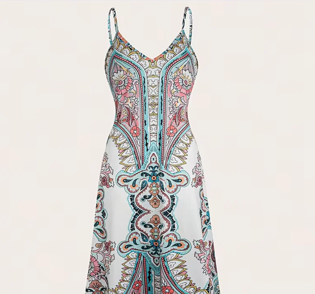 2026 European & American Bohemian Paisley Print Cami Maxi Dress - Vacation Style V-Neck Loose Dress, Perfect for Daily Outings &