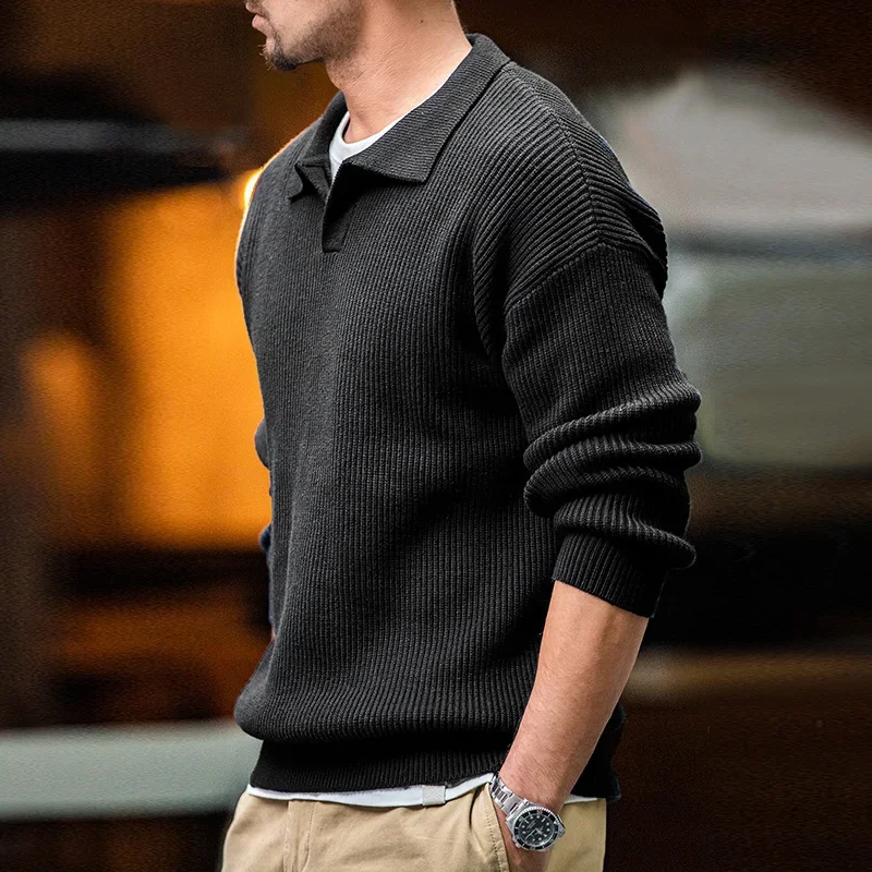 Maden Retro Polo Neck Knit Vertical Woven Polo Shirt Lazy Pullover Sweater Men's Autumn and Winter Lapel Soft Warm