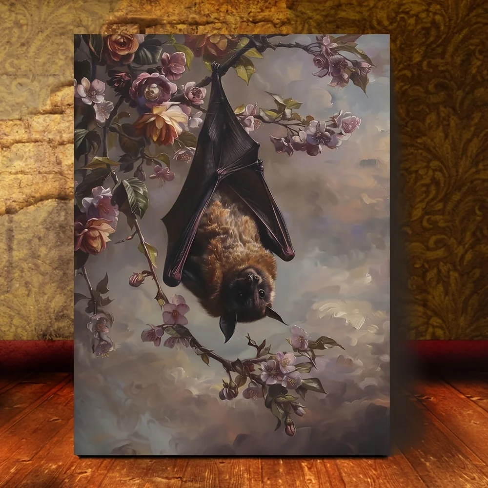 1pc Framed Canvas Painting - Floral Botanical Bat Wall Art, Gothic Fantasy Forest Print with Vibrant Flowers & Bat Design