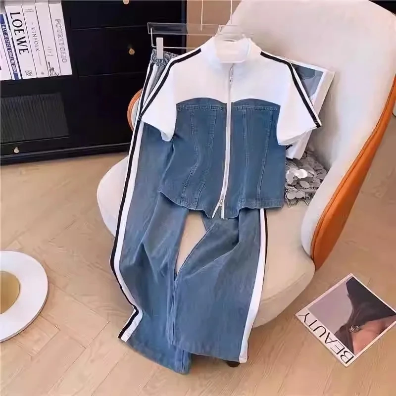 

Color Blocked Zipper Two-piece Top Wide Leg Pants Set Women's Summer Sports Two-piece Set
