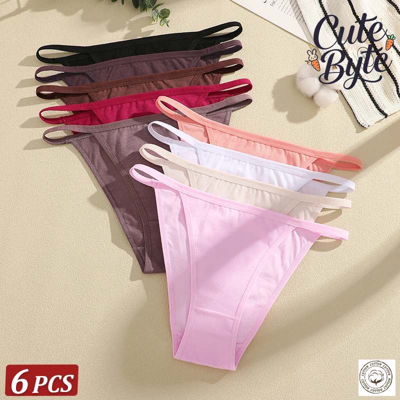 6PCS/SET Women Cotton Panties Low Waist Seamless Breathable Thong High Elasticity Solid Color Comfortable Underwear T-Back Panty