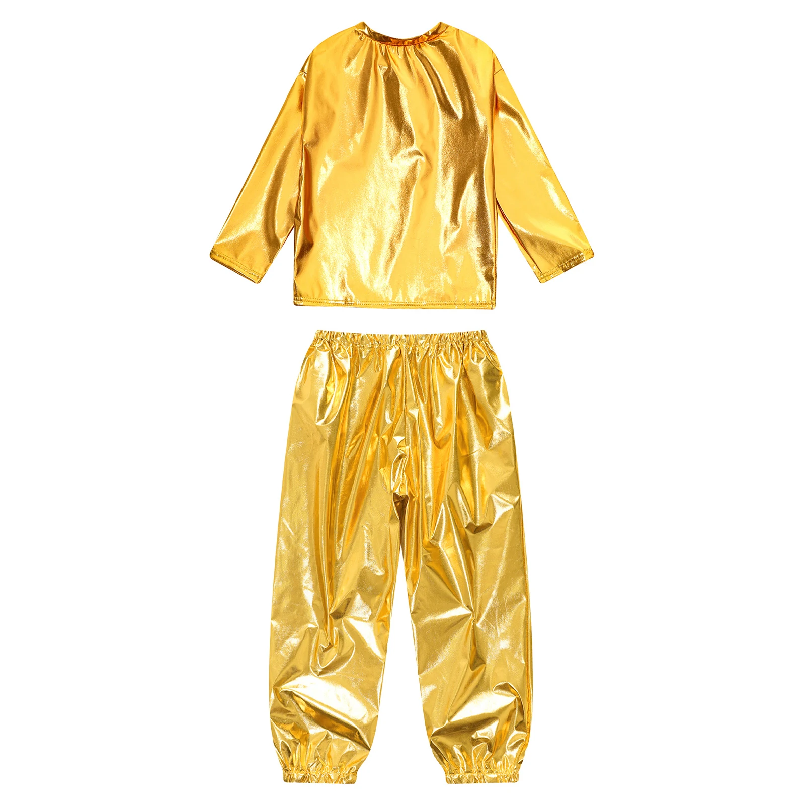 Tenue de spectacle de fête de danse Jazz Hip Hop pour enfants filles, T-shirt métallique brillant à manches longues et col rond avec pantalon, survêtement