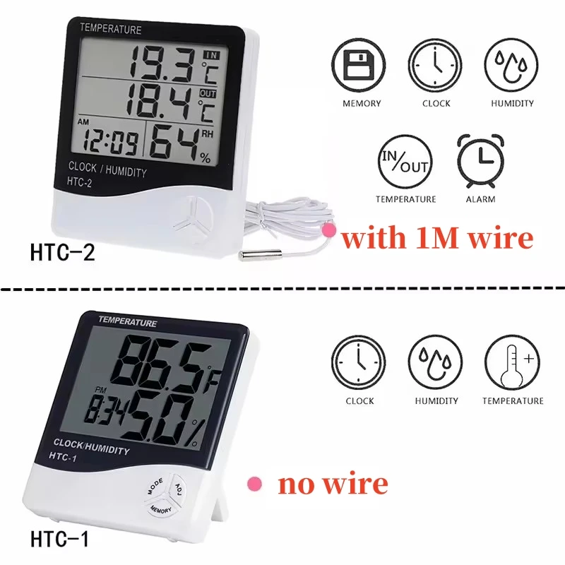 HTC-1 HTC-2 LCD Electronic Digital Temperature Humidity Meter Home Thermometer Hygrometer Indoor Outdoor Weather Station Clock