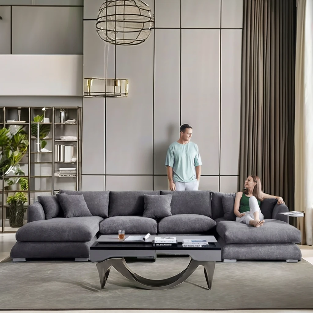 Modern Minimalist Cozy Feather Sofa U Shape Linen Fabric Modular Couch Corner Living Room Sofa Set Furniture