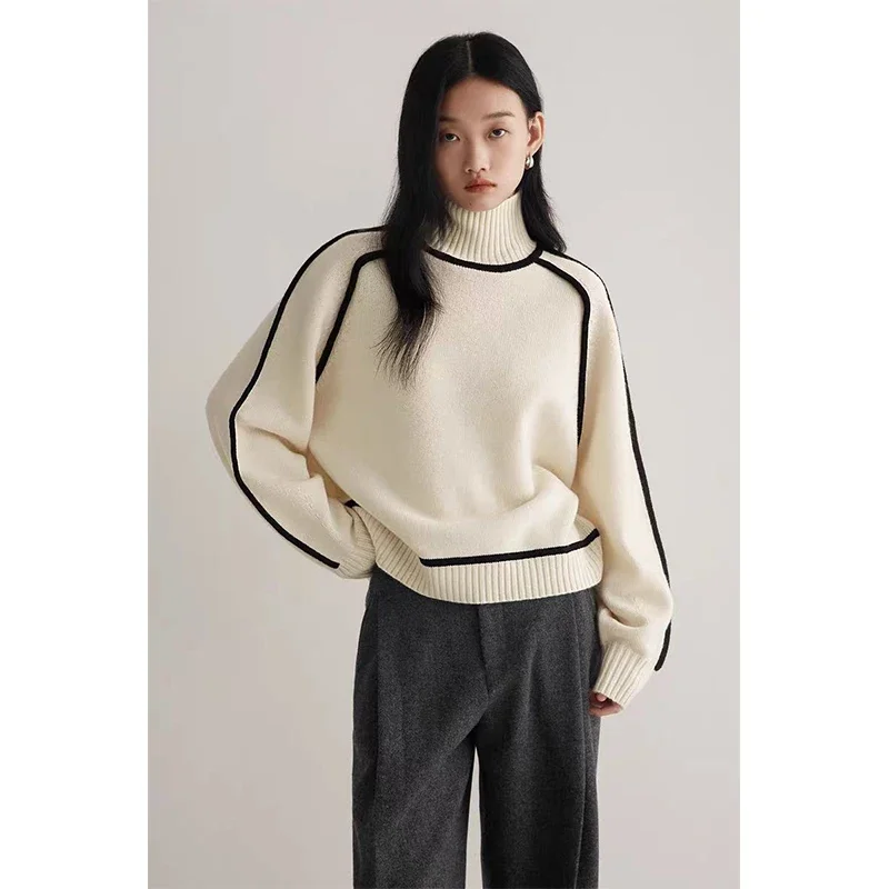 MEXZT Vintage Striped Sweater Women Patchwork Knitted Pullovers Korean Half High Neck Knitwear Winter Long Sleeve Loose Jumpers