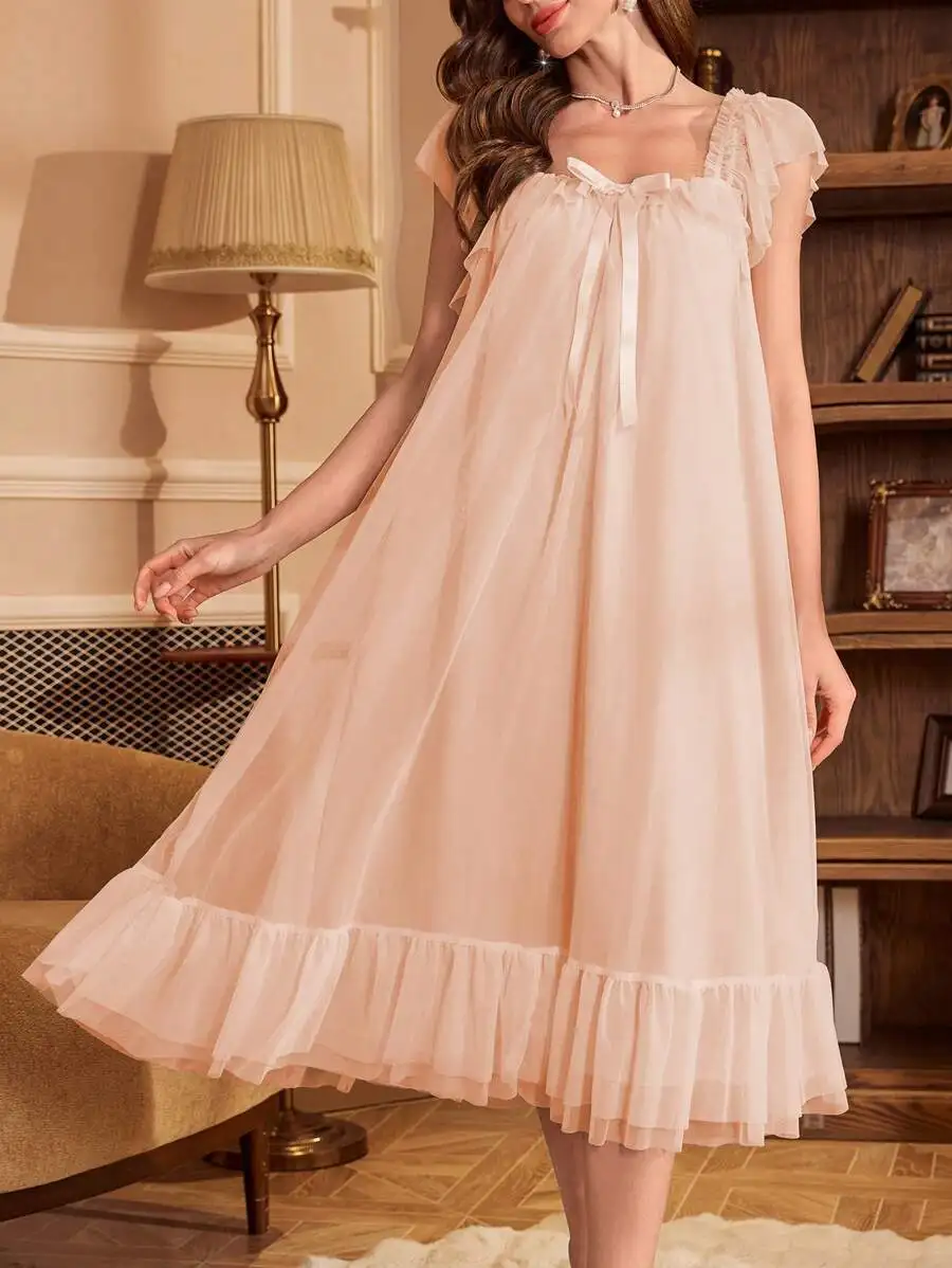 

Romantic Ruffle Bow-Tied Square Neck Sheer Nightgown Babydoll Luxe Loungewear