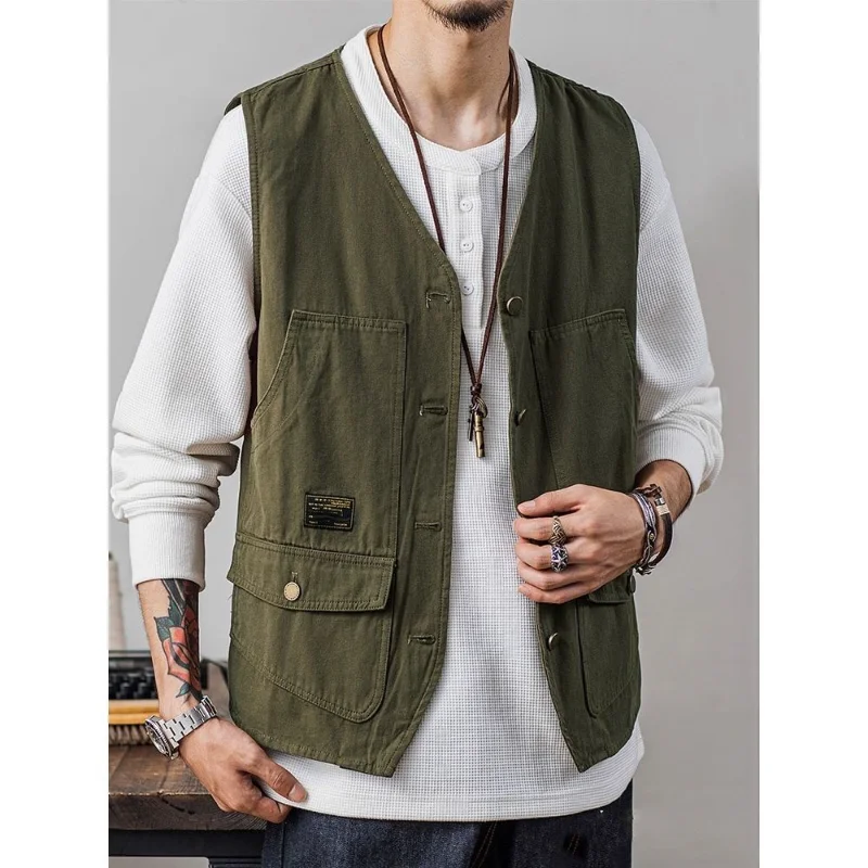 

2022 New Summer Casual Tank Top Men's Loose Japanese Style Solid Pocket Tank Top Casual Loose Top Workwear Black Green Khaki