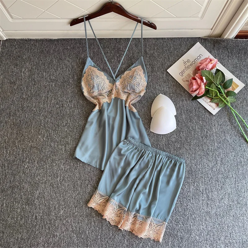 

Sexy Female Lace Pajamas Sleep Suit V-Neck Sleepwear Casual Home Clothing Sexy Satin Pajamas Sleeveless Lounge 2pcs Shirt&shorts
