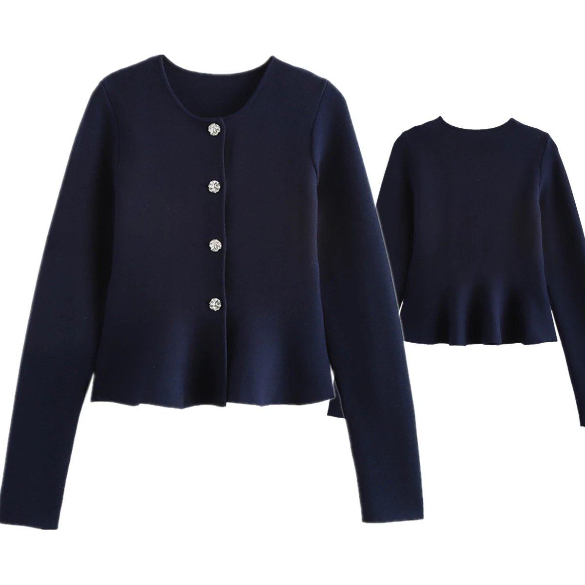 

Withered Minimalist Navy Blue Single Breasted Knit Jacket, Fashionable And Elegant Commuting Cardigan Women Tops