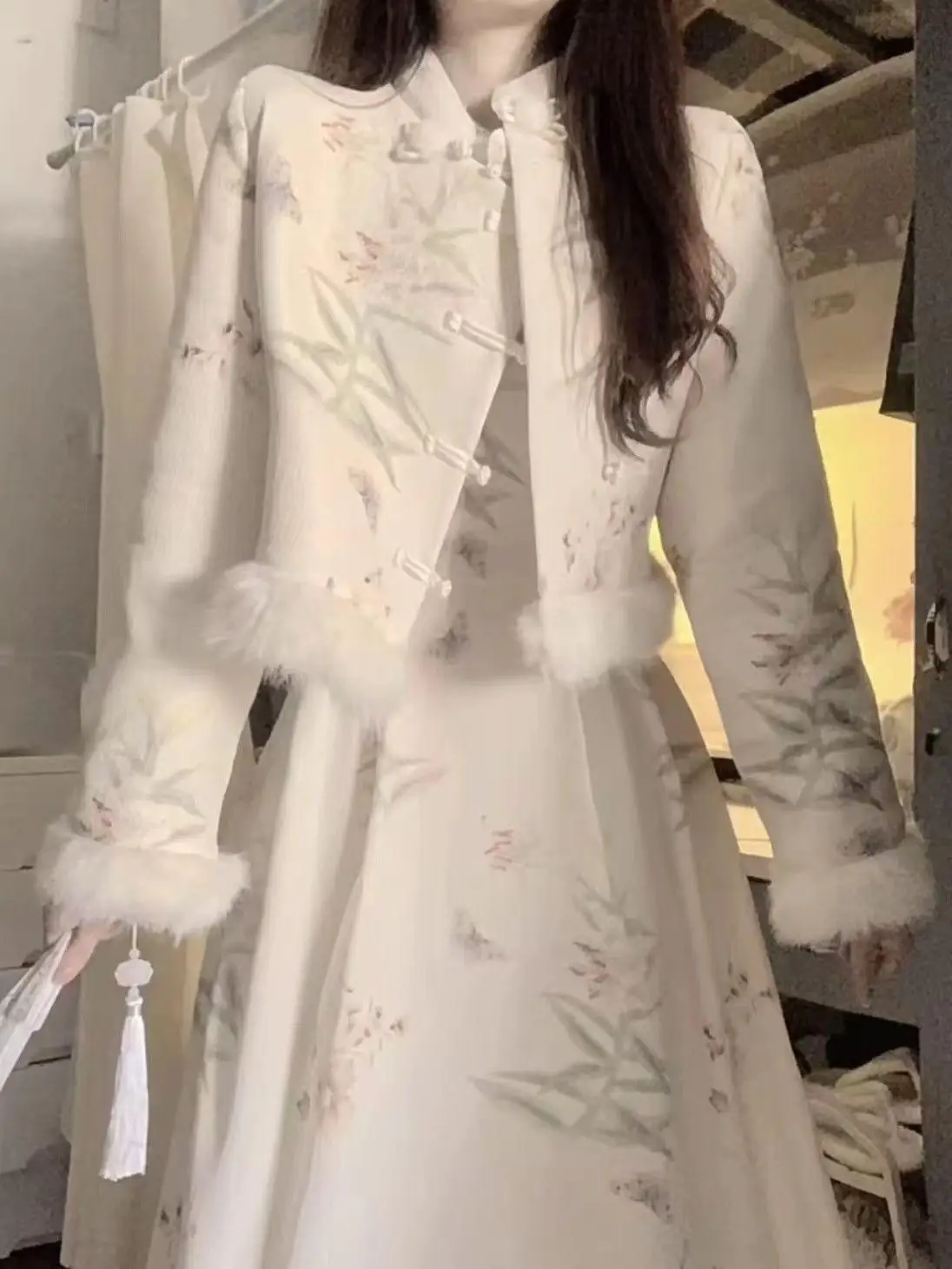 

New Chinese Style Thickened Fleece Winter Set Women's Short Coat Floral Print Qipao Dress Long Sleeve Button Closure Fashiona...