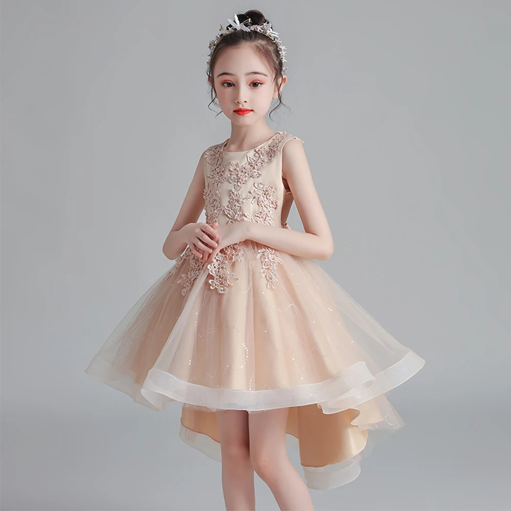 Flower Girl Dresses Girl's formal dress lace flower children's dress tailcoat princess wedding dress fluffy mesh dress