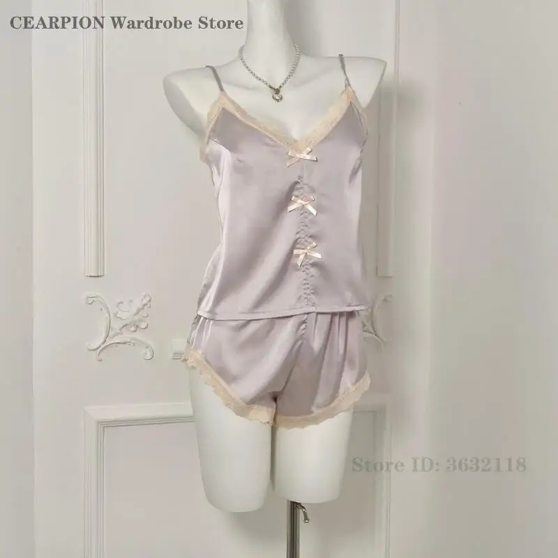 

Новый атласный топ и шорты на бретелях, пижамный костюм, сексуальная кружевная одежда для сна, весна-лето, ночная рубашка, домашняя одежда из ледяного шелка, домашняя одежда, пижамы