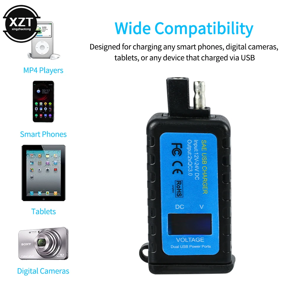 SAE To USB Adapter with Voltmeter Display Motorcycle Waterproof Dual USB QC3.0 Charger for Smart Phone Tablet GPS