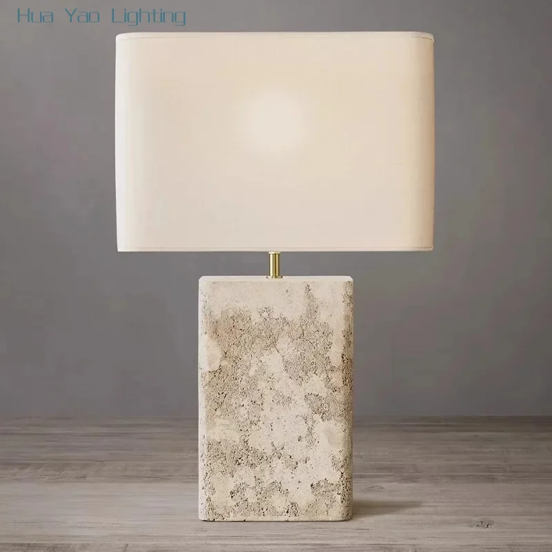 

Natural Cave Stone Fabric Table Lamp Home Decor Vintage Desk Light for Bedroom Study Hotel Decoration Item