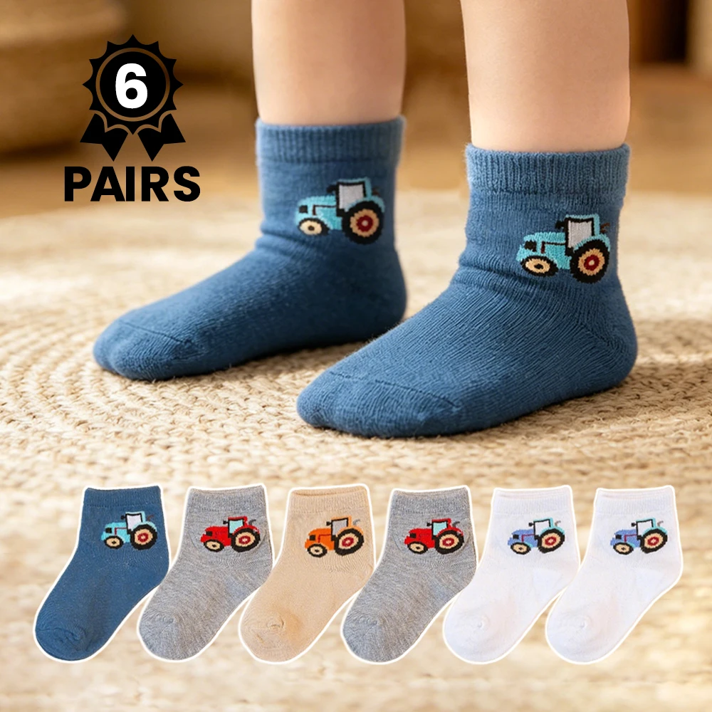6 Pairs Cartoon Tractor Pattern Children Socks Skin-friendly Comfortable Anti-slip Mid Calf Socks All Season Wear for Baby Boys