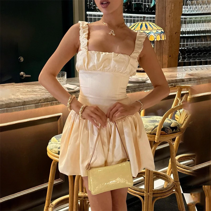 

TARUXY Satin Suspender Mini Dress For Women Ball Gown Splice Sexy Sleeveless Ruched Solid Summer New Princess Party Dress Female