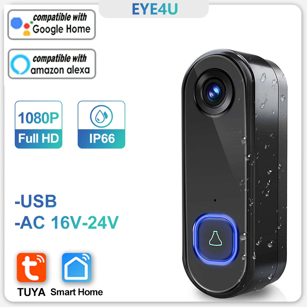 TUYA Video Doorbell WIFI 1080P HD Outdoor Phone Door Bell Camera Security Video Intercom IR Night Vision AC USB Power Smart Home