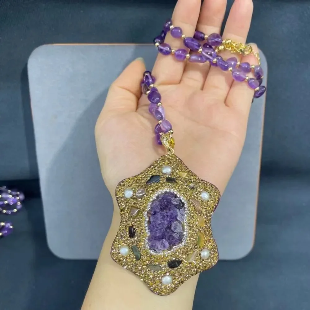 Natural Irregular Amethyst Pendant, Women's Necklace, Trendy Luxury, Ladies' Clothing, Exquisite Jewelry and Accessories