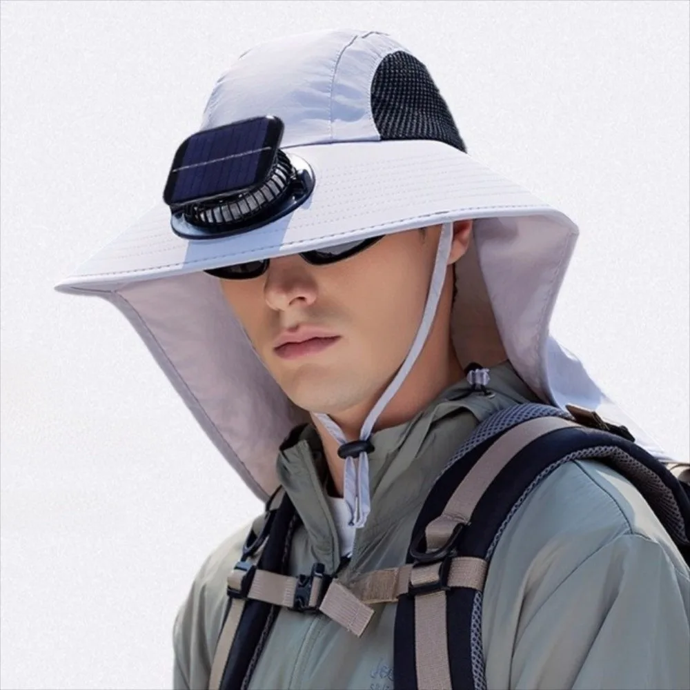 New Breathable Solar Fan Cap Adjustable Lightweight Wide-Brimmed Hat Cooling Shawl Attached Outdoor UV-Protection Hat Beach