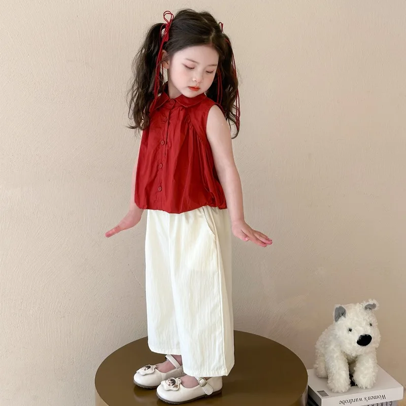 Girls' Summer Suit 2025 New Children's Foreign Fashion Shirt Wide-leg Pants Doll Shirt Sleeveless Two-piece Set