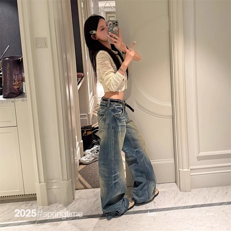 Moagem feminina branco retro azul calças de brim retas roupa diária calças vintage legal menina bottoms feminino cintura alta perna larga calça