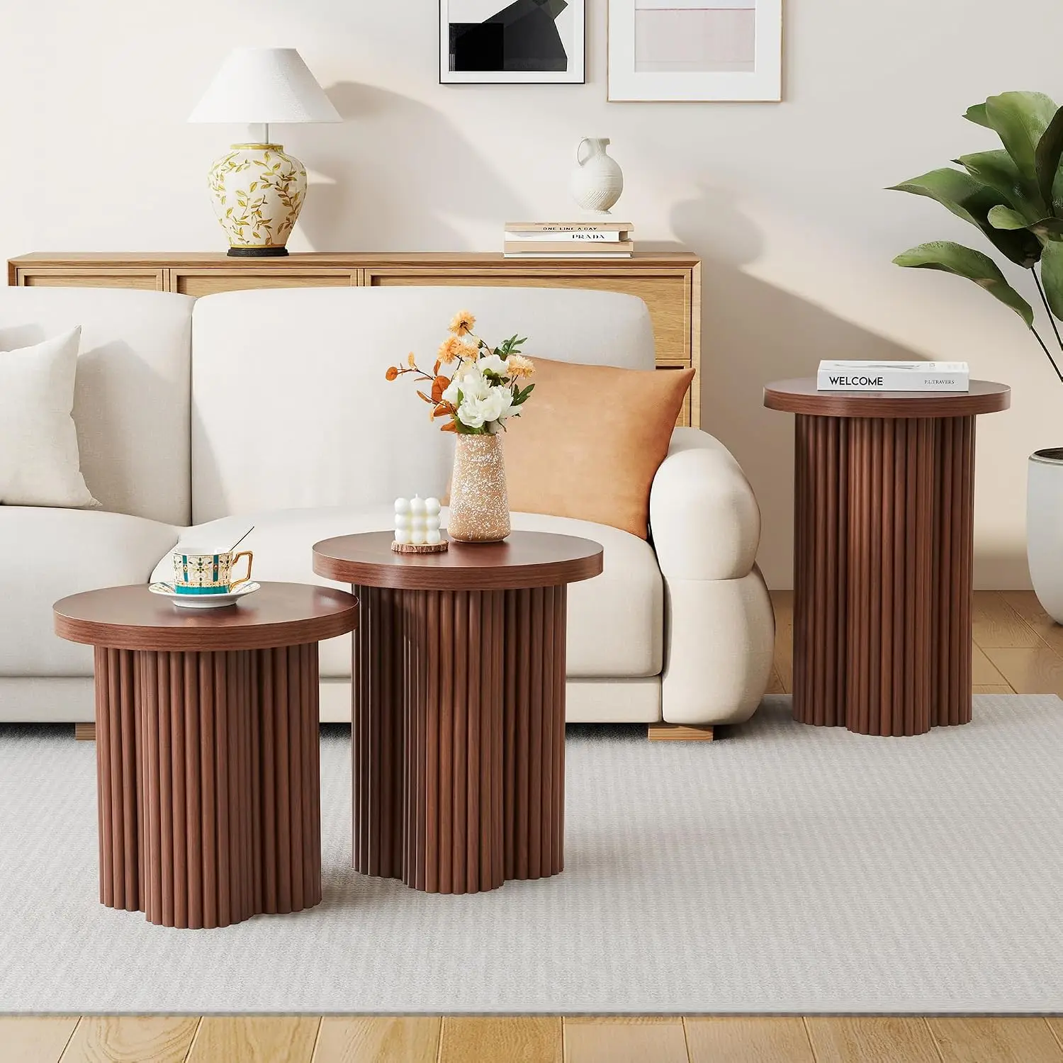 Fluted Round Nesting Coffee Table Set of 3, Mid Century Modern Boho Wooden Accent Table for Living Room Home Office, Customized