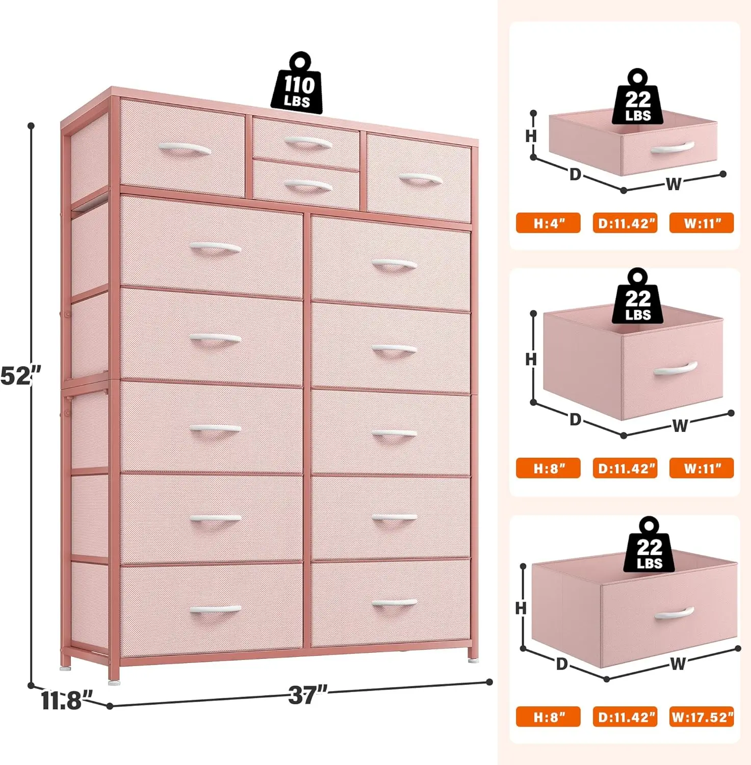 Dresser for Girls Bedroom with 14 Fabric Drawers,  11.8